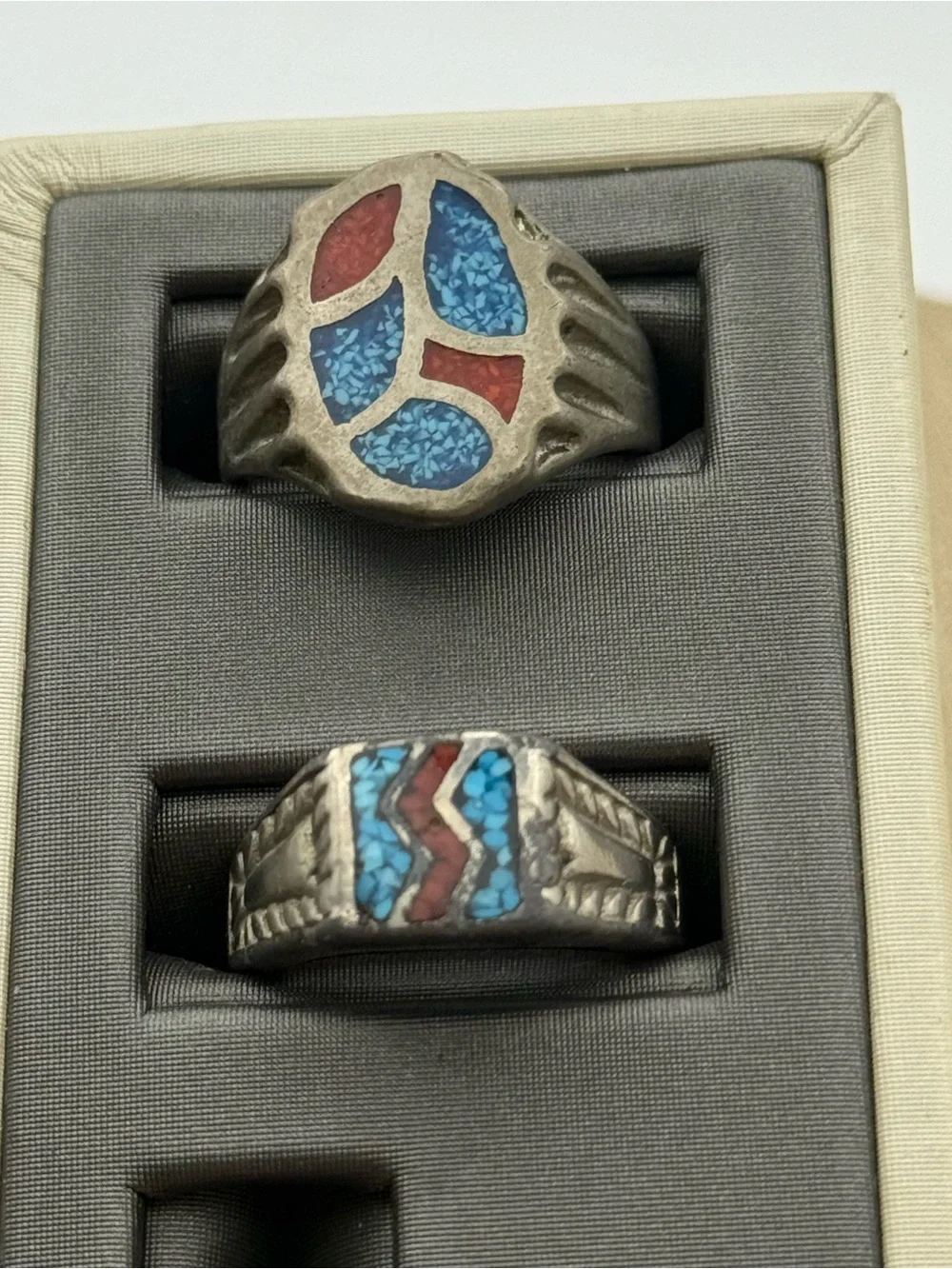 Set of two Men's Silver-Tone Inlay Ring with turquoise and coral Accents